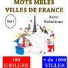 Mots Mèlés, villes, France, mots cachés