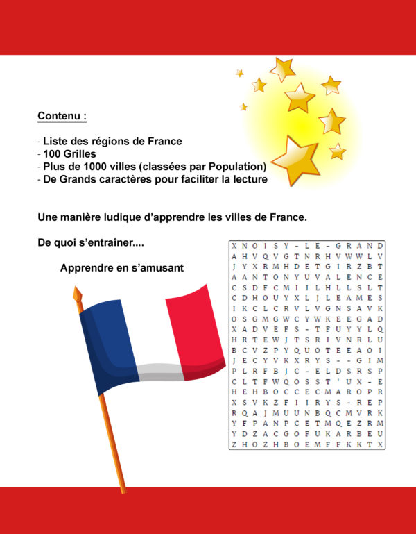 Mots Mèlés, villes, France, mots cachés, jeux, français, vocabulaire