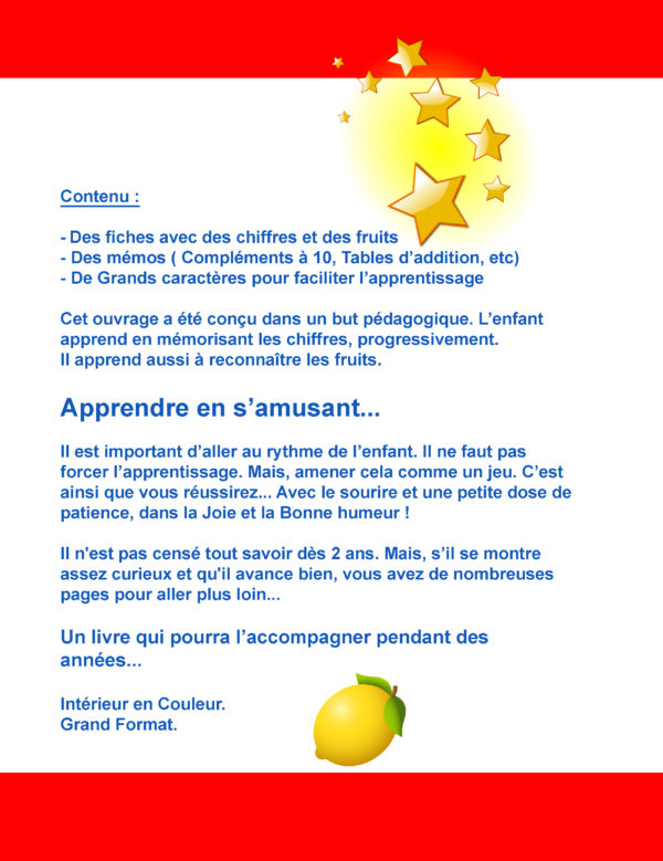 Livre apprentissage, compter, chiffres, fruits, français, 2 ans, 3 ans