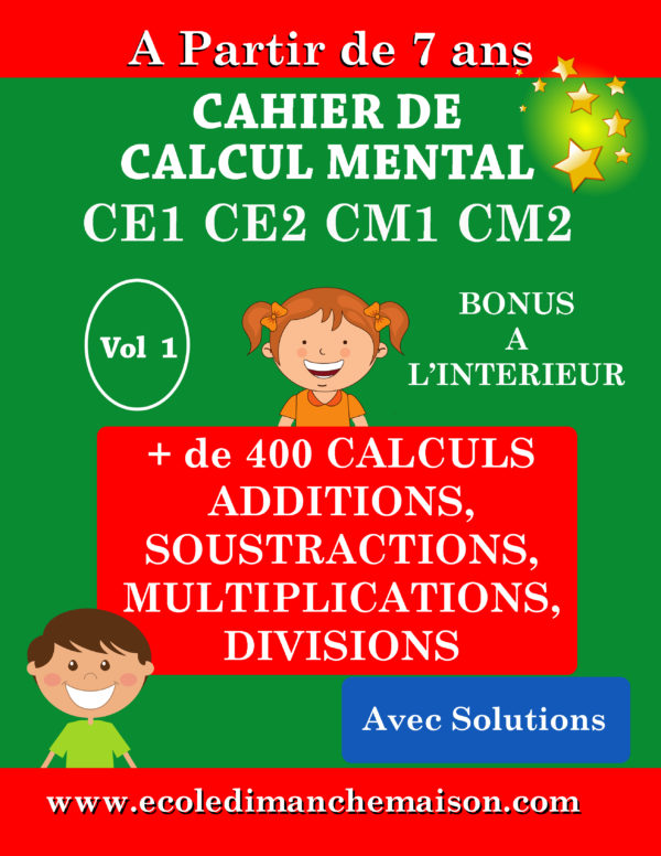 Cahier, calcul mental, primaire, ce1, ce2, cm1, cm2